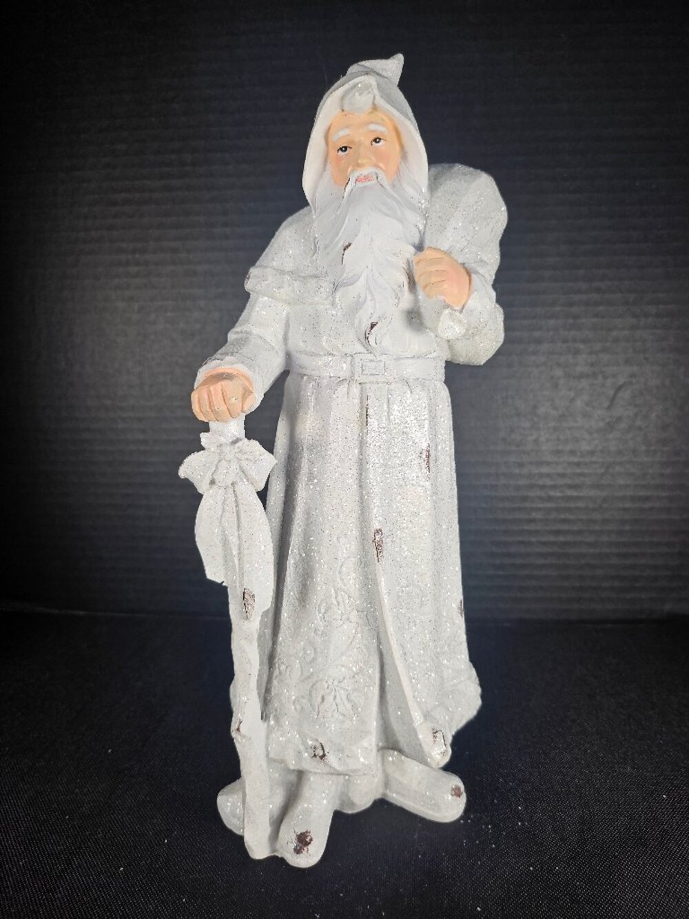 White Glitter Rustic Santa Figurine 12" Old World Father Christmas Resin Statue